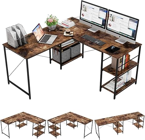 Amazon Com Bestier L Shaped Gaming Desk With Shelves Adjustable 59 4 L Shaped Or 95 2 Long Desk With 3 Cable Managements Corner Computer Desk For Home Office Student Writing Table Workstation Rustic Brown