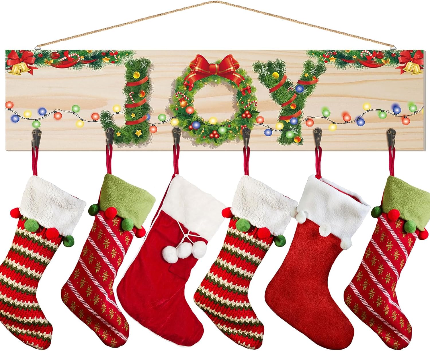 Ornament Hooks - Soaoo Christmas Stocking Holder with 6 Hangers Christmas Joy Decorative Wall Mount Wood Hanging Sign 25 Inches Collapsible Xmas Stocking Rack for Mantel Sign Hanger Fireplace Home Farmhouse Decor