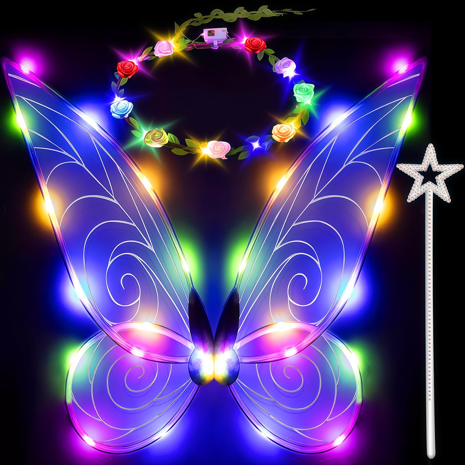 AONAT LED Fairy Wings for Girls Kids Women,Light up Butterfly Wings with Magic Wand & Flower Crown,Fairy Costume Set for Halloween,Cosplay, Birthday,Fancy Dress,Themed Party Decoration