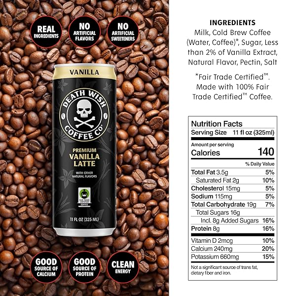 DEATH WISH COFFEE, ICED COFFEE COLD BREW, 8G PROTEIN, FAIR TRADE (VANILLA LATTE)