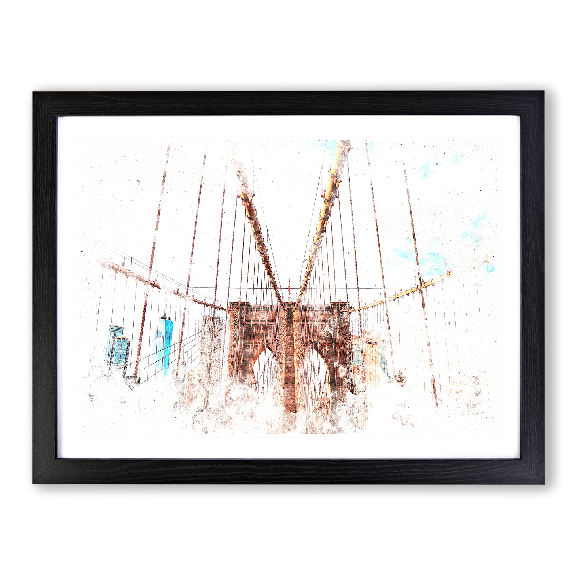 Brooklyn Bridge New York City Watercolour Modern Framed Print | A4 Black Framed Wall Art | Ready to Hang | Modern Cityscape Picture | Living Room Bedroom Lounge Office