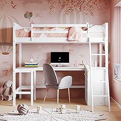 BIADNBZ Wooden Twin Loft Bed with Underneath Desk