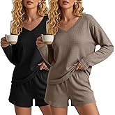 Velvelhall 2 Pack Women's Waffle Knit Pajama Sets V Neck Long Sleeve Top and Shorts Lounge Set Loungewear with Pockets