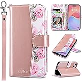 ULAK Compatible with iPhone 15 Plus Wallet Case for Women, PU Leather Floral Flip Cover with Card Holder Kickstand Feature Purse Case for iPhone 15 Plus 6.7'', Rose Gold