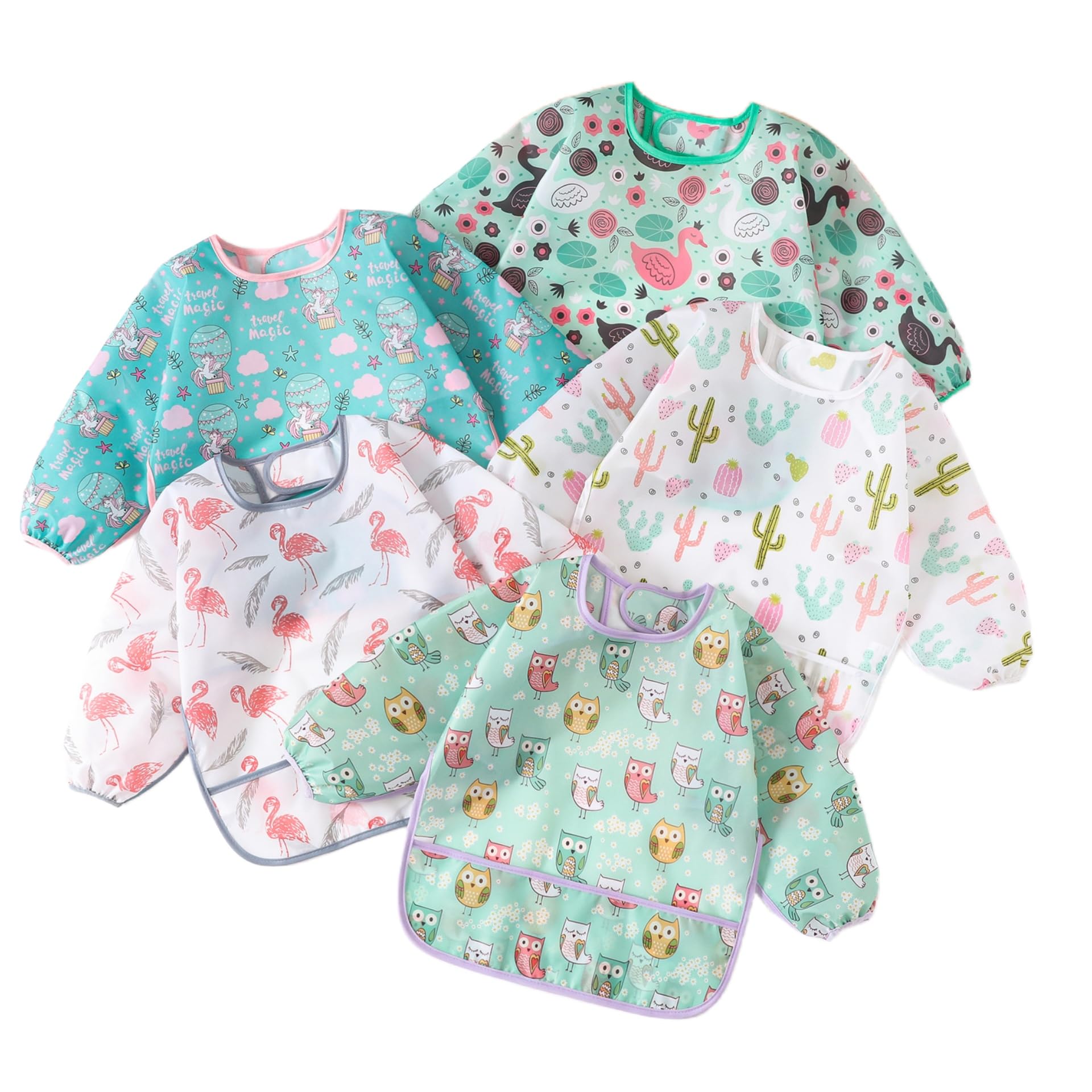 QinGuang 5pcs Long Sleeve Baby Bibs Painting Apron Slightly Waterproof Feeding Bibs for 6-30 Months