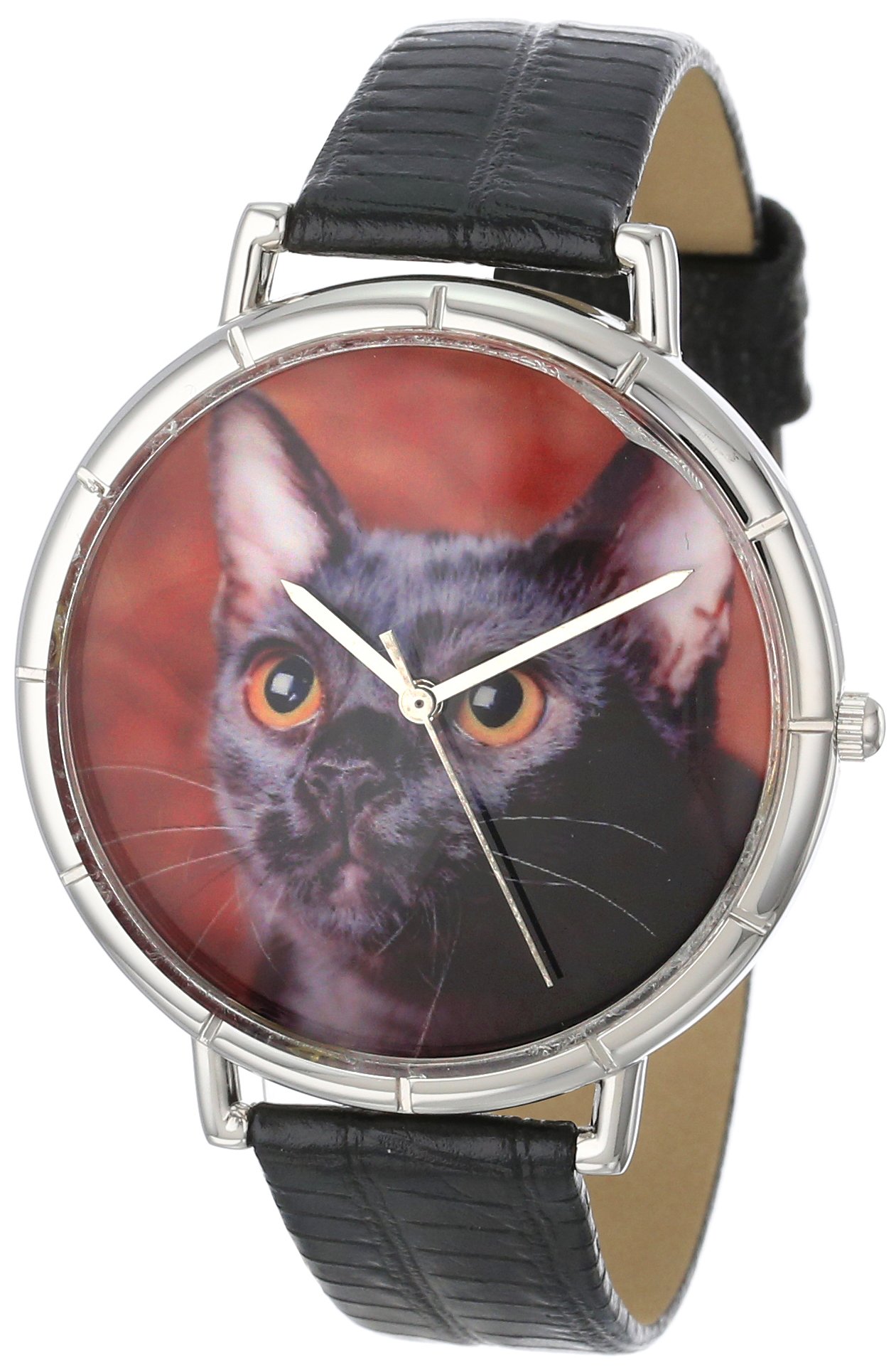 Whimsical Watches Bombay Cat Black Leather and Silvertone Photo Unisex Quartz Watch with White Dial Analogue Display and Multicolour Leather Strap T-0120037