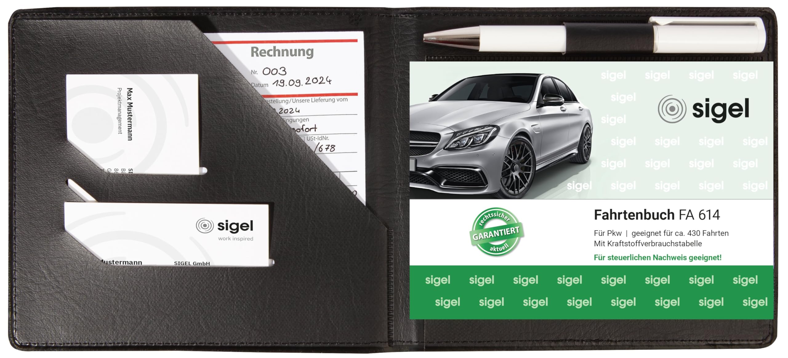 SIGEL EF610 Protective Cover for A6 Landscape Forms (e.g. Driving Book, Receipt) with Practical Pockets for Receipts and Integrated Pen Holder, Black
