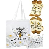 Bulyoou 3 Pcs Bee Themed Gifts for Women Funny Honeybee Canvas Tote Bag with Zipper Makeup Bag and Socks Bee day Holiday Birthday Gifts for Mother Teachers Employee Beekeepers Lovers