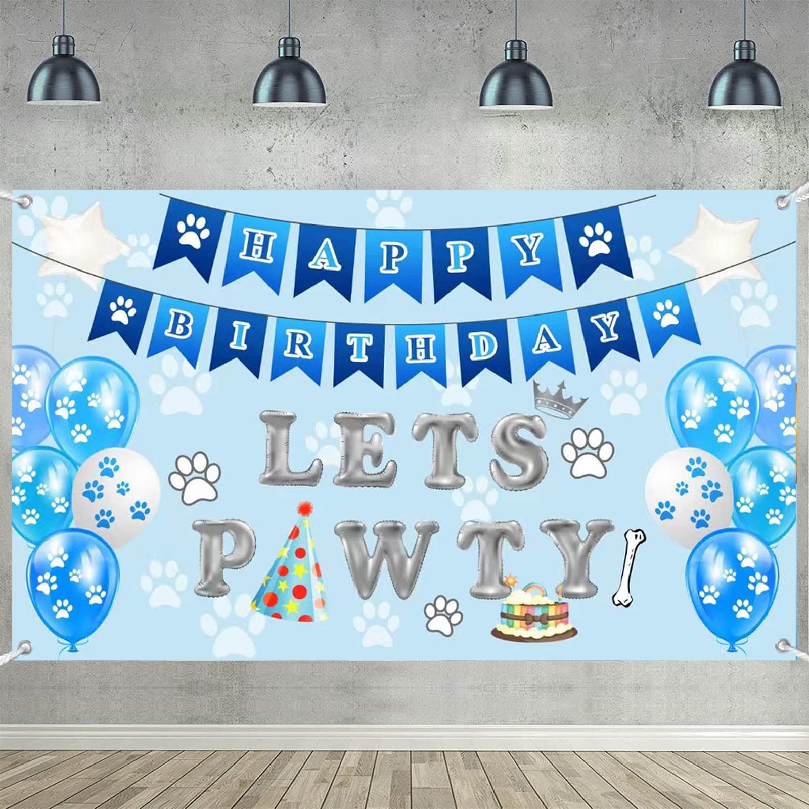jiuhao Dog Birthday Party Backdrop Cloth,Lets Pawty Personalised Decorations Large 71 x 43'' Digital Printed Paw Print Balloon,Dog Banner,Cake,Photography Background Wall Supplies, Blue