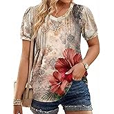 IN'VOLAND Plus Size Tops for Women Summer Puff Short Sleeve Tunic Pleated V Neck Shirts Casual Floral Solid Blouse