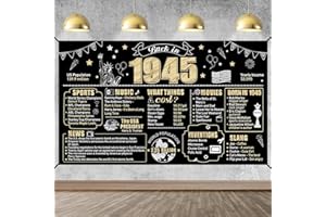 EIURTEAO Large 80th Birthday Back in 1945 Banner Backdrop Decorations for Women Men, Black Gold Happy 80 Birthday Sign Party Supplies, Eighty Year Old Bday Photo Background Decor for Outdoor Indoor
