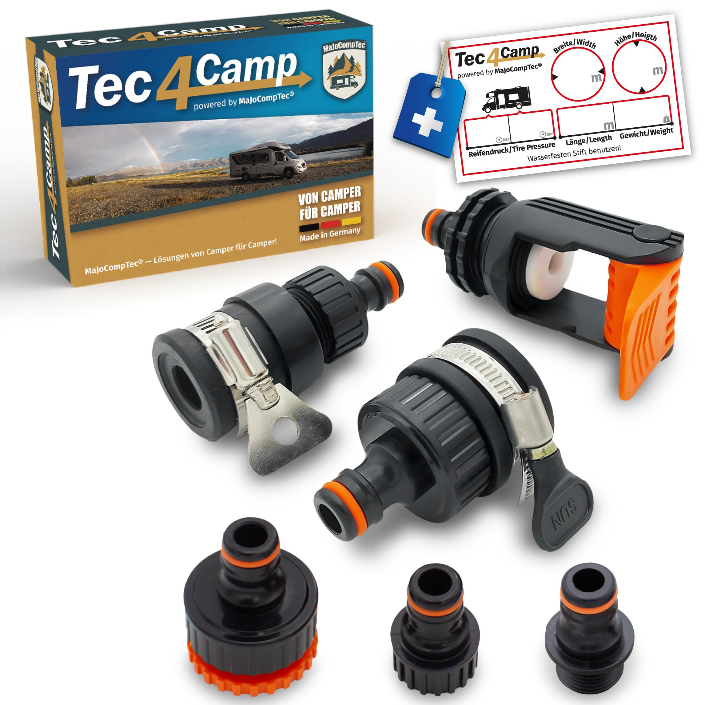 MaJoCompTec® ALLCONNECT Universal Tap Connection Set, Adjustable Water Tap Connection for Outdoor Tap without Thread, Motorhome, Caravan, Boat Adapter Set (Water Thief Set)