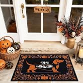 Dachshund Welcome Door Mat, Festive Playful Pumpkins Vines Halloween Black Skid Resistant Back Doormat Entryway Decor for Front Porch Bathroom Office 29x17 Inch