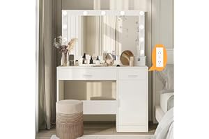 Likein White Vanity Desk with Mirror and Lights, Makeup Vanity Desk with Lighted Mirror, Modern Dressing Table with Charging Station, Girls Women Vanity with 2 Drawers & Cabinet for Bedroom