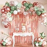 Sage Green and Rose Gold Birthday Party Decorations with Happy Birthday Banner, Green White Rose Gold Foil Balloons, Sash, Fringe Curtain, Cake Topper, Butterfly for Women Girls Party Supplies