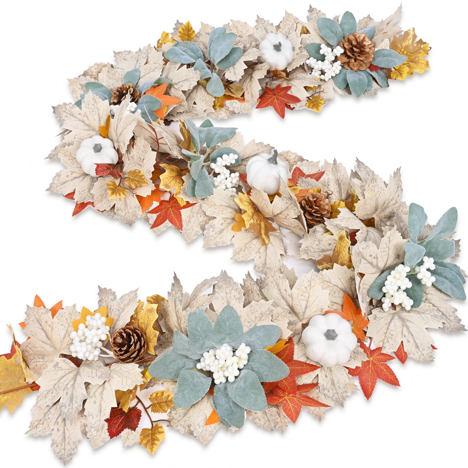 Photo 1 of Waipfaru Fall Decor, Fall Garland, 5.9Ft Autumn Maple Leaves Pumpkin Garland, Thanksgiving Halloween Harvest Decorations for Home Outdoor Indoor Mantle Table Fireplace Farmhouse (2 PCS)