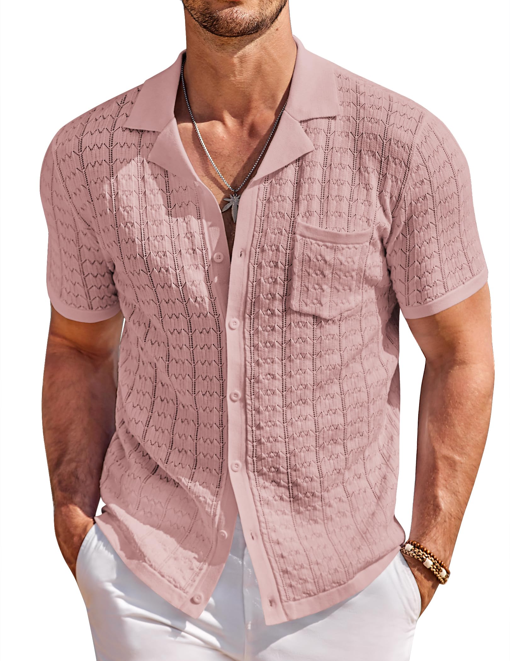 COOFANDY Men's Short Sleeve Knit Polo Shirt Vintage Button Down Casual Summer Polo Beach Tops Dusty Pink Image