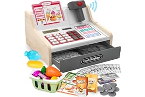 maysida Rechargeable Wooden Kids Cash Register with Scanner, Pretend Play Cash Register Toy with Fake Money, Food, Credit Card, Toddler Boys Girls Age 2-4 4-8