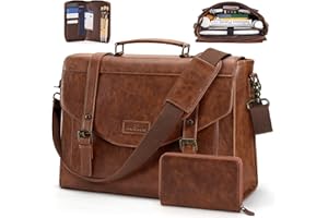 RAINSMORE Flap Messenger Bag for Men Vintage PU Leather Laptop Bag 15.6 Inch Retro Briefcase with Wallet Satchel Computer Bag