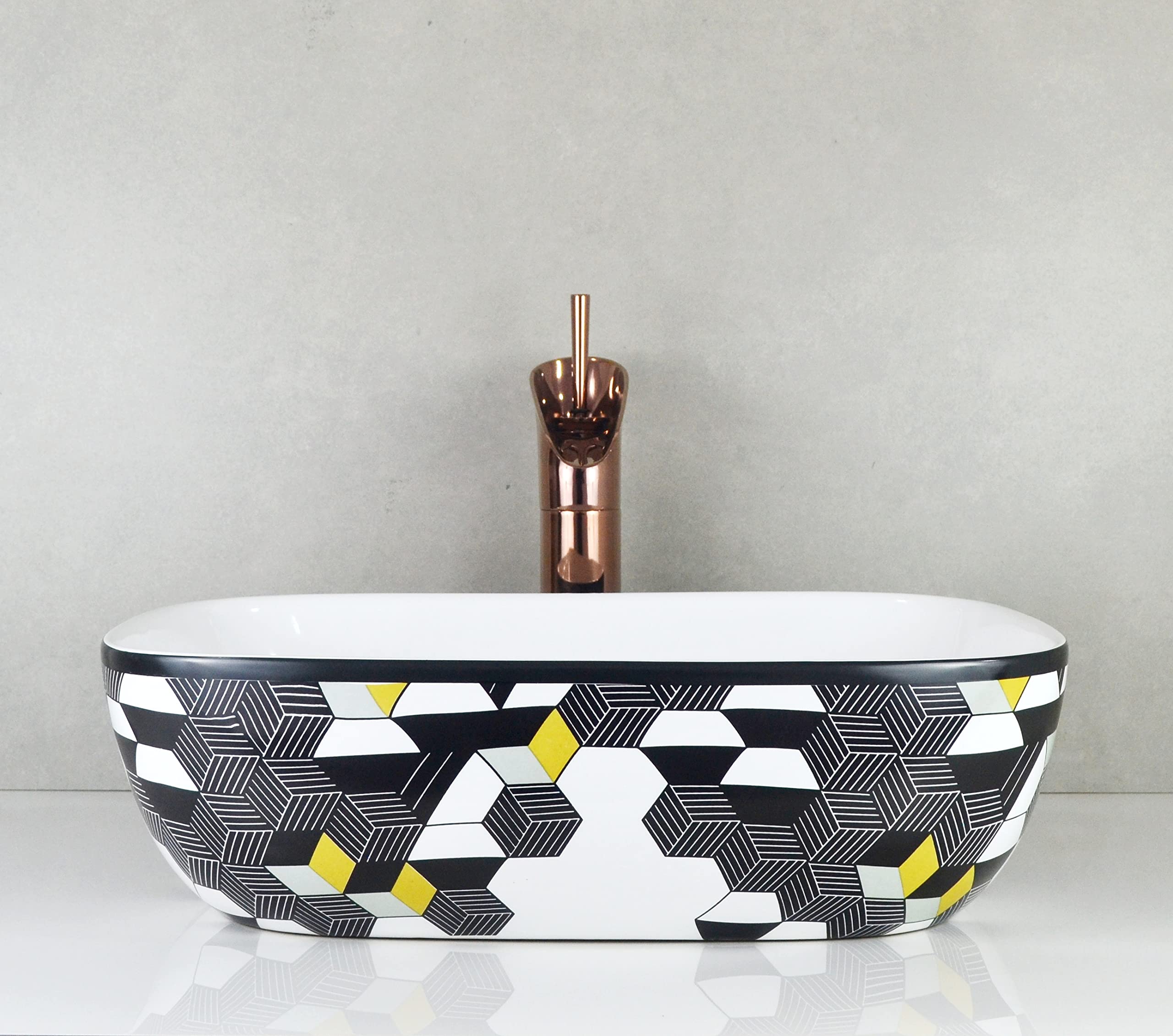 Reyal Imported Ceramic Tabletop Wash basin | Countertop Vessel Sink | Bathroom Wash Basin over counter(18 x 13 x 5.5 Inch) Glossy White (Black Honeycomb Lines) 4