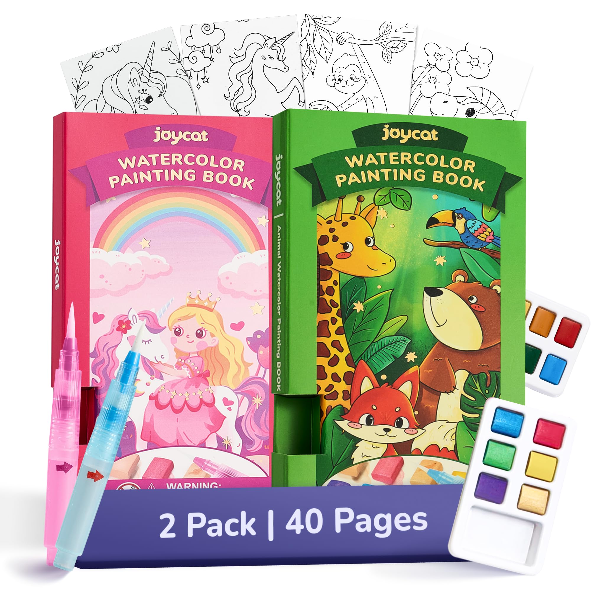 JoyCat 2 Pack Pocket Paint with Water Coloring Books for Kids, Art & Craft Activity Toy Set, Creative Travel & Home Painting Kit, Gifts for Girls & Boys Ages 3-8 (Magical Pony & Animals)