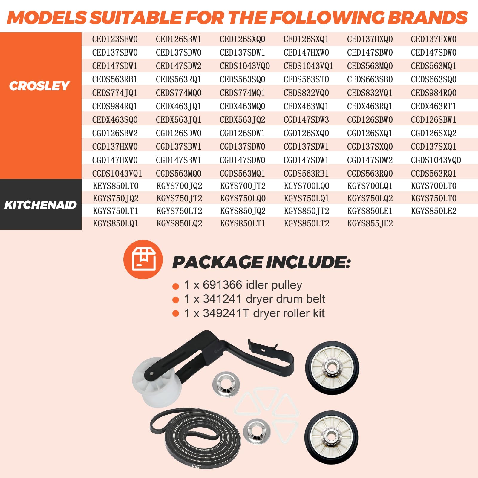 【Newest】 Upgraded 4392065 Dryer Maintenance Repair Kit by Beaquicy - Fit for Whirlpool Ken-More Crosley Admiral Amana Dryer - Package Includes 349241t Drum Roller 341241 Belt and 691366 Idler Pulley