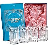 Vintage Art Deco 1920s Highball Cocktail Glasses | Set of 4 | 14 oz Tall Crystal Tumblers for Drinking Mojito, Whiskey Highball, Gin Rickey, Classic Long Bar Drinks | Large Hiball Glassware