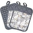 Pot Holders Set of 3 Silicone Printing Non Slip Heat Resistant, Yarm-Dyed Hot Pads Cotton Home Kitchen Cooking Barbecue Microwave Women Men Machine Washable BBQ Grilling. (Gray Potholders)