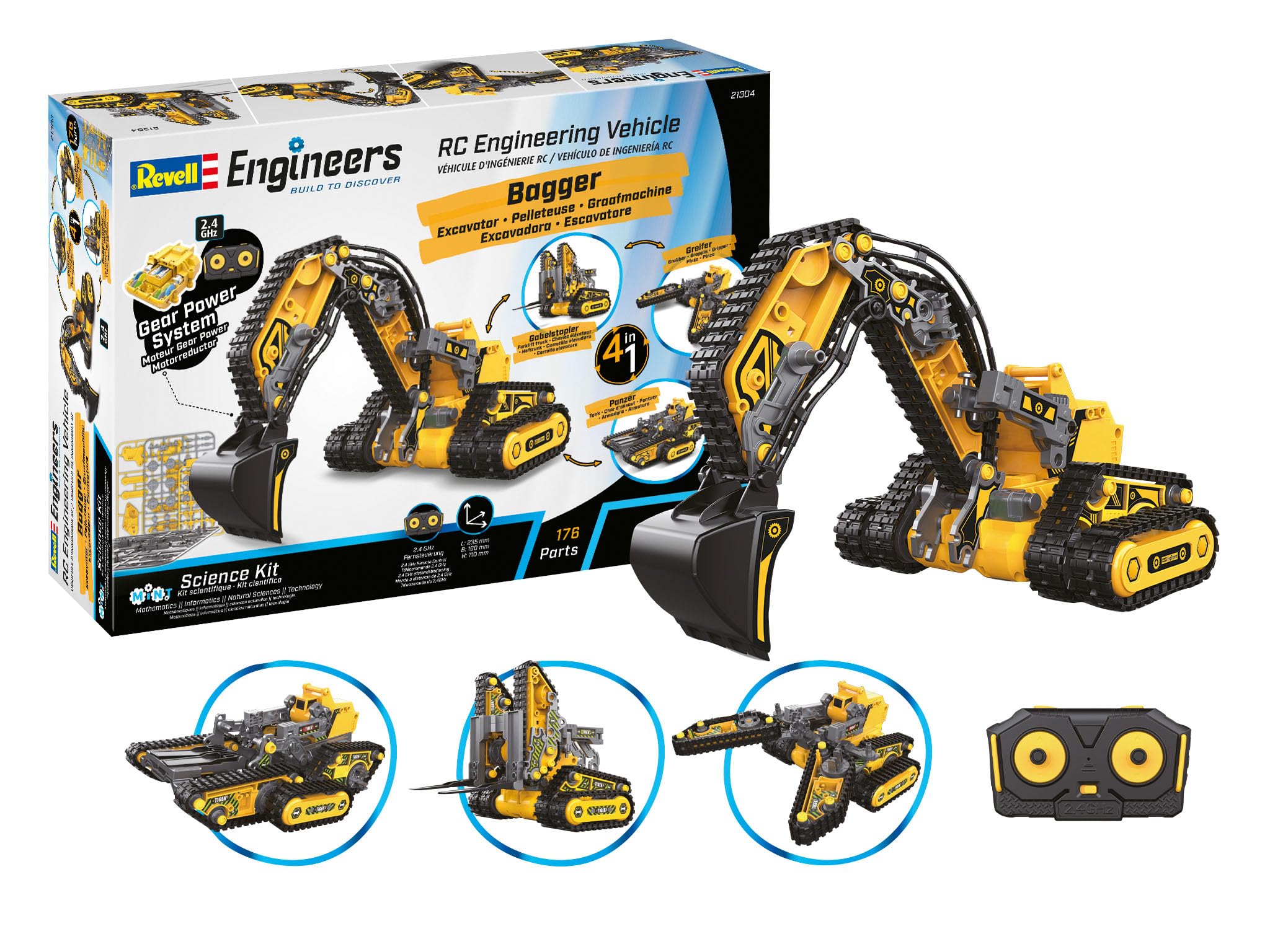 Revell Engineers 21304 RC Excavator 4in1 Science Kit I 176 Parts I 2.4GHZ Control I 23.5cm In Length