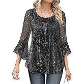 Bebonnie Women's Ruffle 3/4 Sleeve Elegant Dressy Blouses Crew Neck Double Layers Mesh Tunic Tops