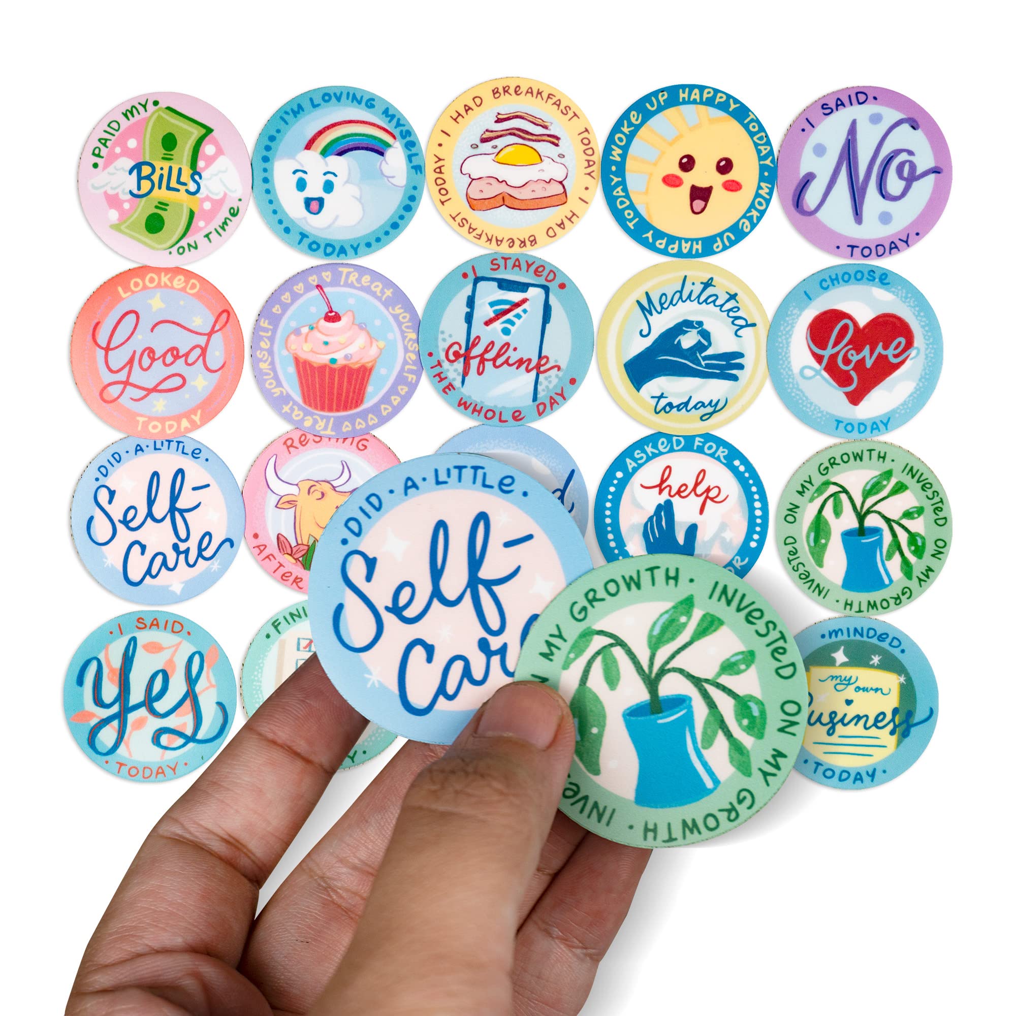 Navy Peony Mental Health Achievement Badge Stickers (20 Pieces) - Waterproof, Large, Round | Affirmation Stickers for Water Bottles, Laptops, Scrapbooks