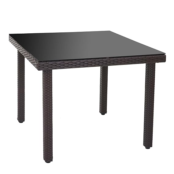 Mendler Poly-Rattan Gartentisch Cava, Esstisch Tisch mit Glasplatte, 90x90x74cm ~ braun