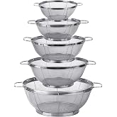 5 Pack 18/8 Stainless Steel Colander Sieves, Multi Size Mesh Strainer Net Baskets with Handles &amp; Resting Base for Strain, Drain, Rinse or Steam