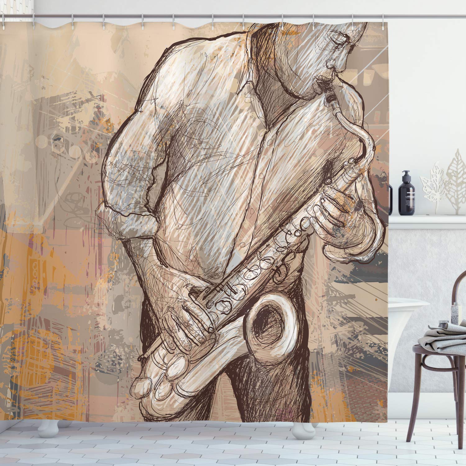 ABAKUHAUS Music Shower Curtain, Jazz Musician Playing the Saxophone Solo in the Street on Grunge Background Art Print, Cloth Fabric Bathroom Decor Set with Hooks, 70 Inches, Brown Ecru