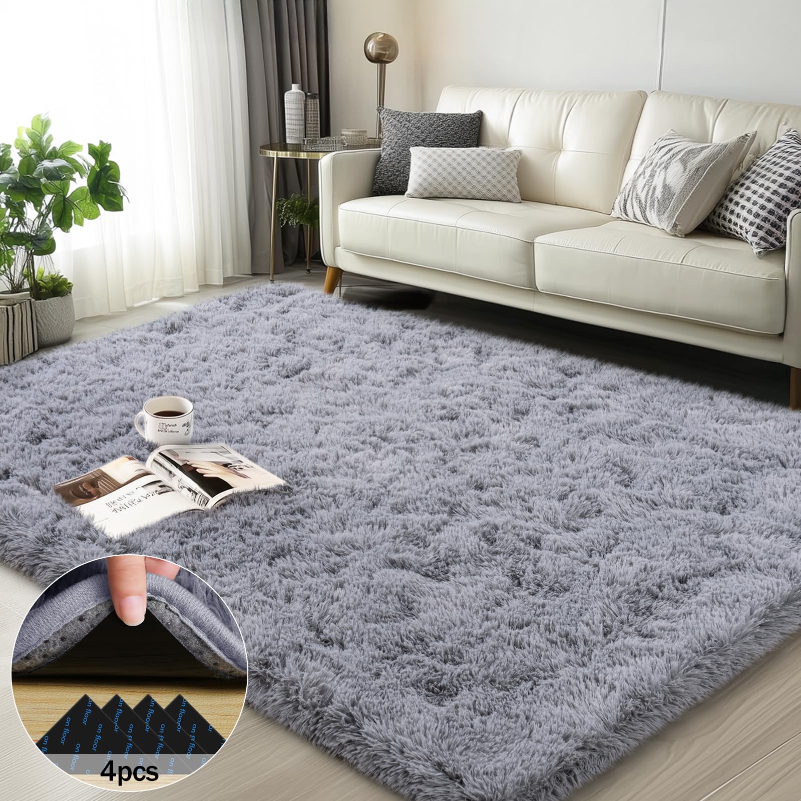 Photo 1 of 2.....Mugorn 3x5 Rugs for Bedroom, Fluffy Area Rugs for Living Room, Soft Shag Kids Rug Small Carpet with 4 Non-Slip Rug Pads (Light Grey, 3ft x 5ft)
