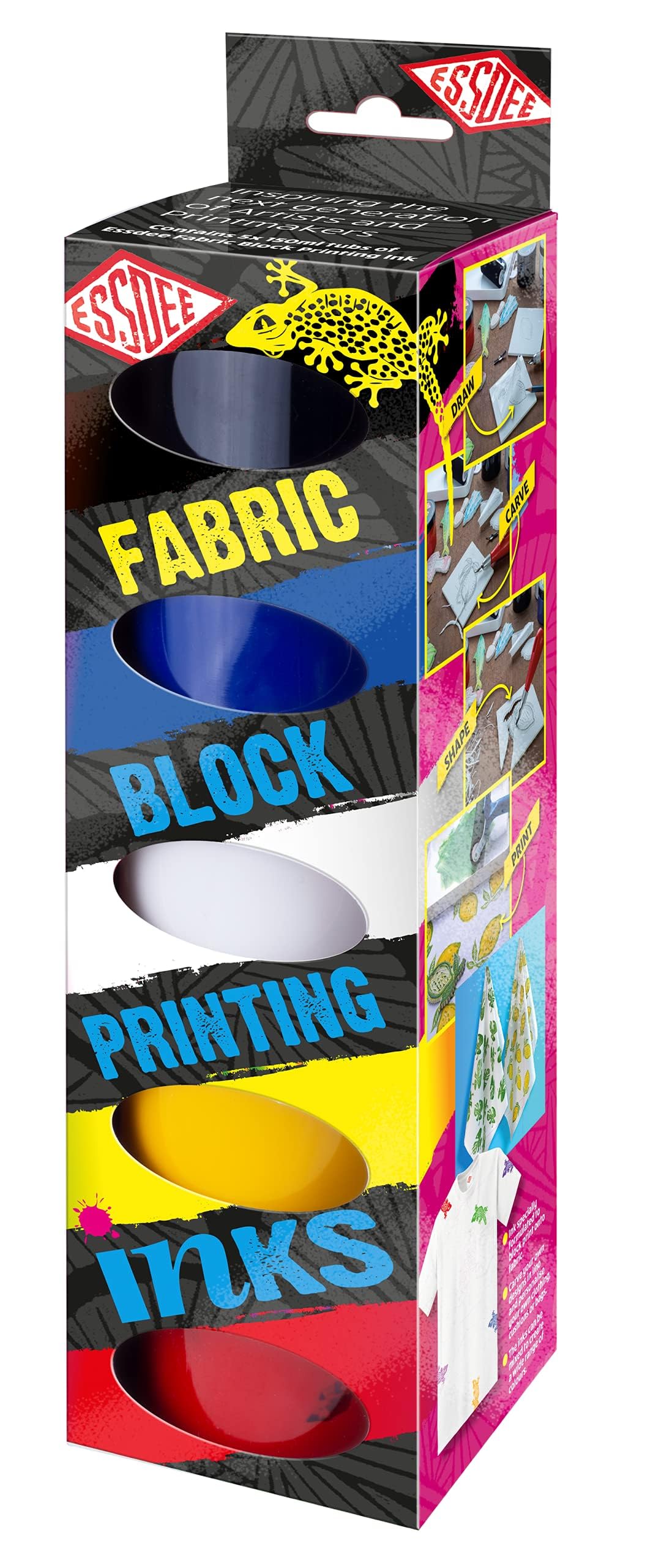 Essdee Fabric Block Printing Ink Primary Colours Set of 5, Black, Blue, White, Yellow and Red, 150ml x5