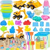 FHOZGECY Beach Toys with 3 Trucks, Collapsible Buckets for Kids Ages 3-12 | 3 Construction Vehicles, Sand Molds, Mesh Bags for Sandbox, Backyard, Summer Trips, Beach Games, Multi-Scene Outdoor Fun