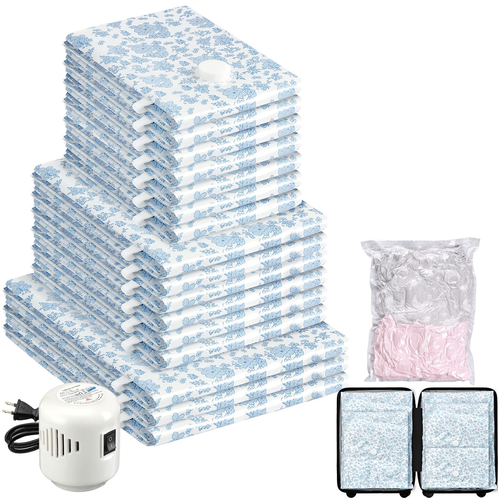 Photo 1 of 16 Pack Travel Vacuum Storage Bags with Electric Pump, 3 Large + 6 Medium + 7 Small Vacuum Sealer Bags, 80% Space Saver Bags for Luggage, Comforters and Blankets, Travel Essentials(Blue Flowers)