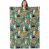 UNDAHIS Cute Corgi & Floral Blanket, Soft Warm Cozy Playful Puppy Dog Throw Blanket Gifts for Adults Kids Women, Lightweight Fuzzy Comfy Flannel Blankets for Couch, Travel, Bed, House Decor 60×50 Inch