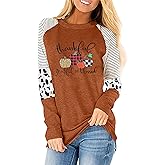 Women Thankful Grateful Blessed Print T Shirt Thanksgiving Pumpkin Long Sleeve Blouse Leopard Printed Striped Fall Tee Top