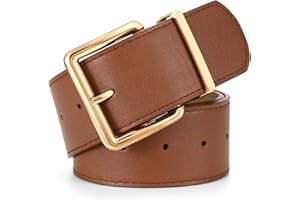 LEACOOLKEY Women Wide Leather Belt for Dresses Thick Chunky Belt with Big Gold Buckle Fashion Ladies Belt for Jeans
