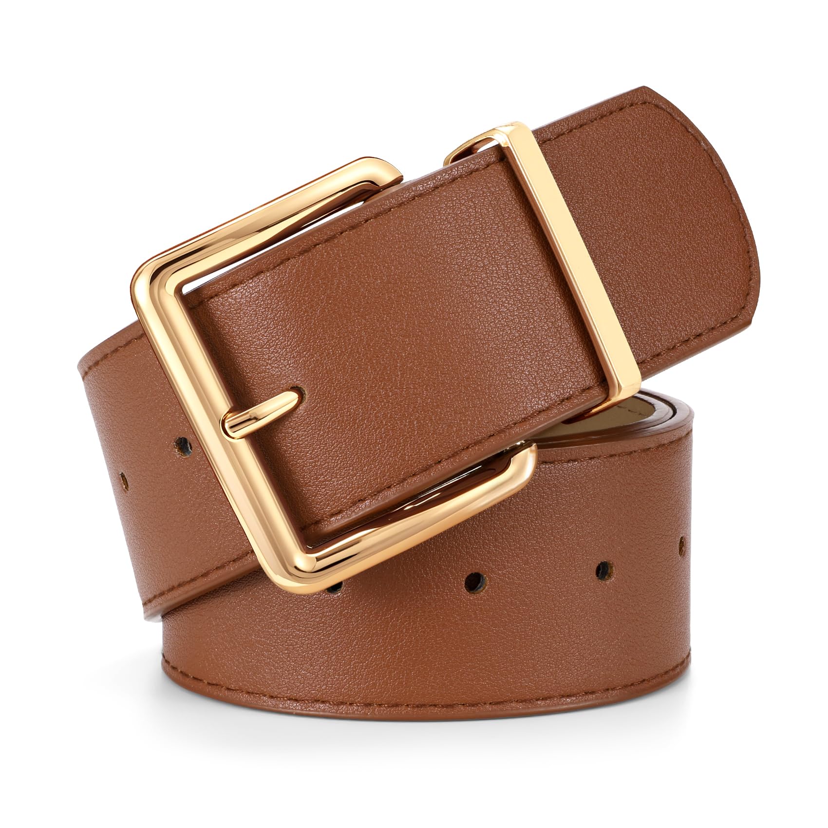 Photo 1 of WERFORU Women Wide Belt for Dresses Thick Leather Belt with Big Gold Buckle Fahion Women Chunky Belt,Brown