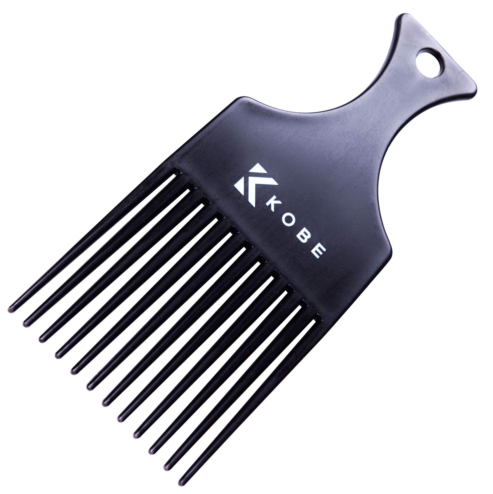 Kobe Professional Afro Pick - Durable Black Fully Plastic Parting Comb for Curly Hair - Wider Teeth for Easy Styling