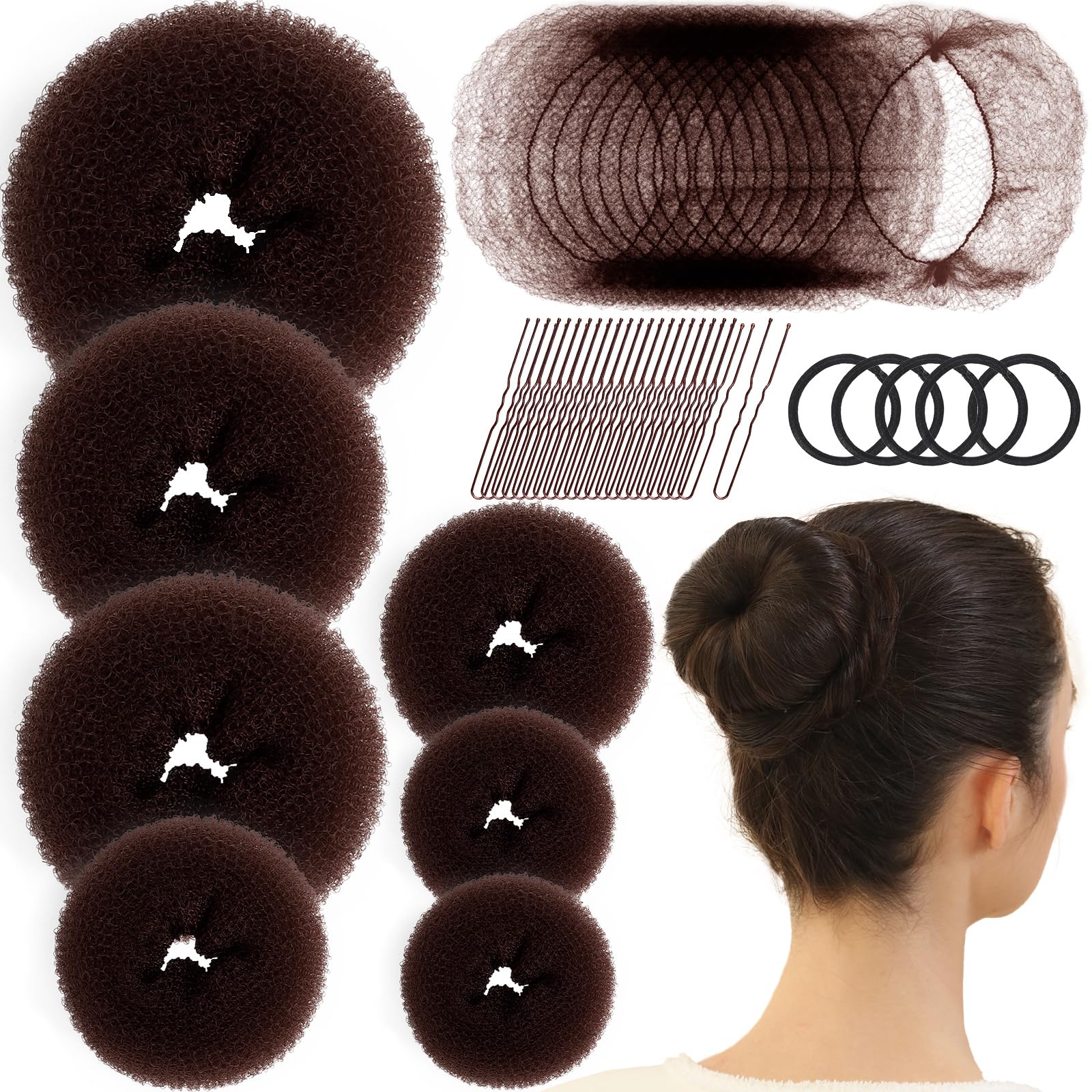 Photo 1 of Fandamei Hair Bun Maker Set- 7 PCS Hair Donuts for Buns (1 Extra-large,2 Large,2 Medium and 2 Small), 10 Invisible Hair Nets for Buns, 20 PCS Bobby Pins, 5 PCS Hair Elastic Ties Black,Bun Maker-Brown