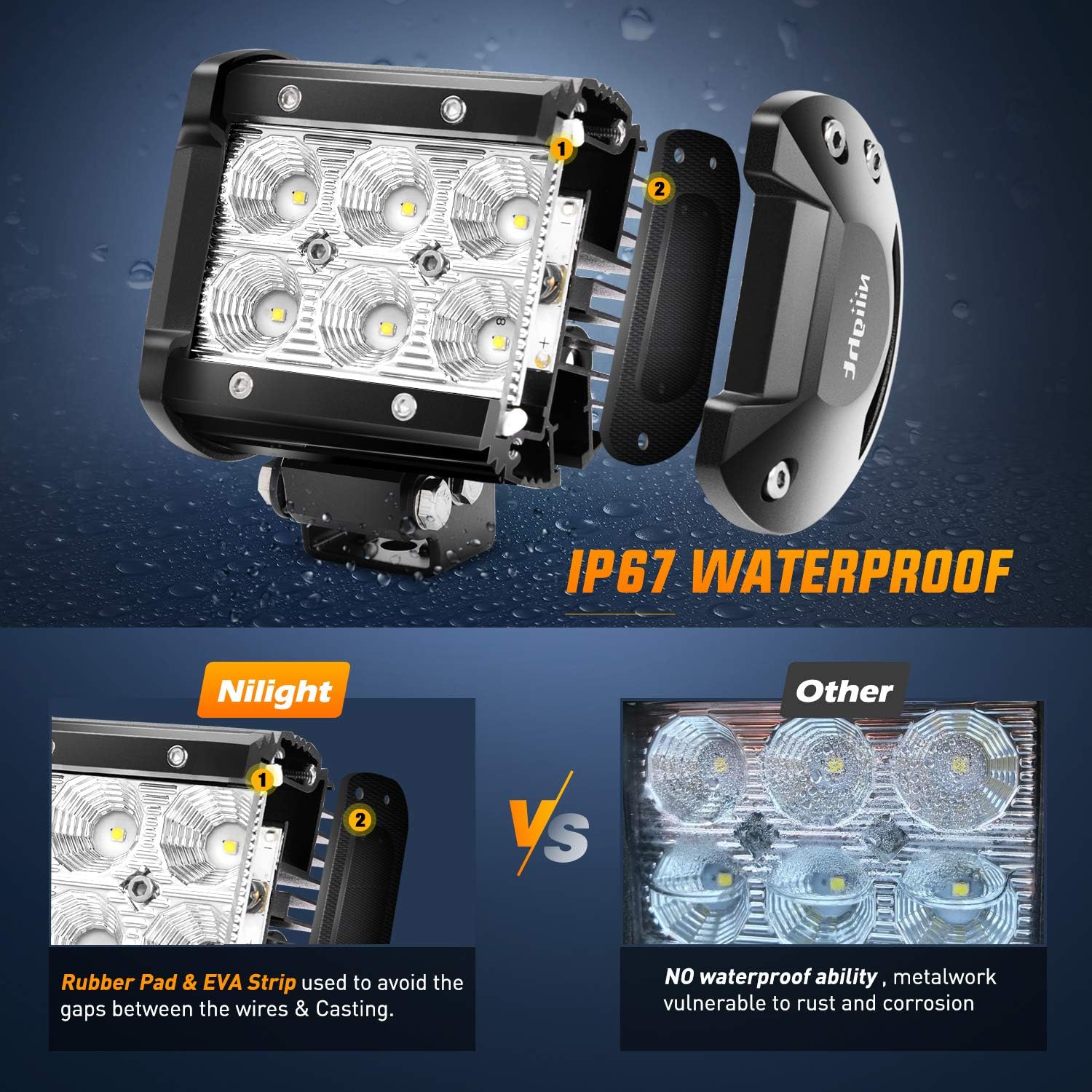 Nilight 60001F-B Bar 2PCS 18w 4" Flood Fog Road Boat Driving Led Work Light SUV Jeep Lamp, 2 Years Warranty: Automotive