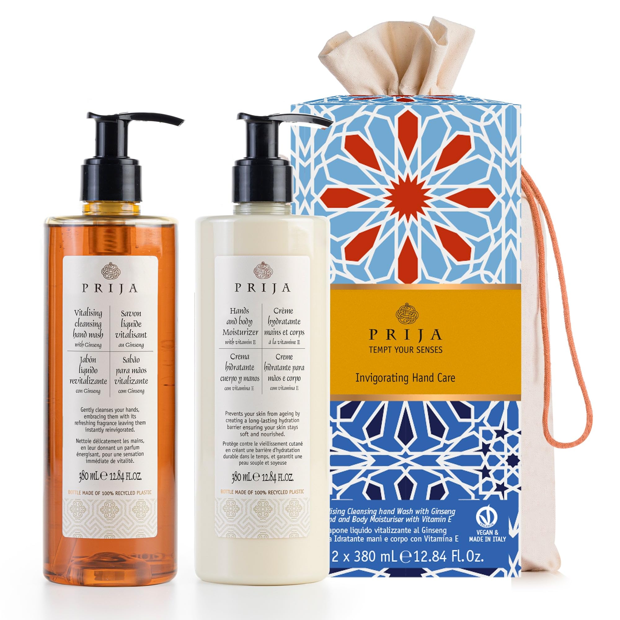 Prija Everyday Treatment Gift Set including Vitalising Hand Wash with Ginseng and Hands and Body Moisturiser with Vitamin E, Luxurious Vegan Friendly Pampering Gift Set 2 x 380ml