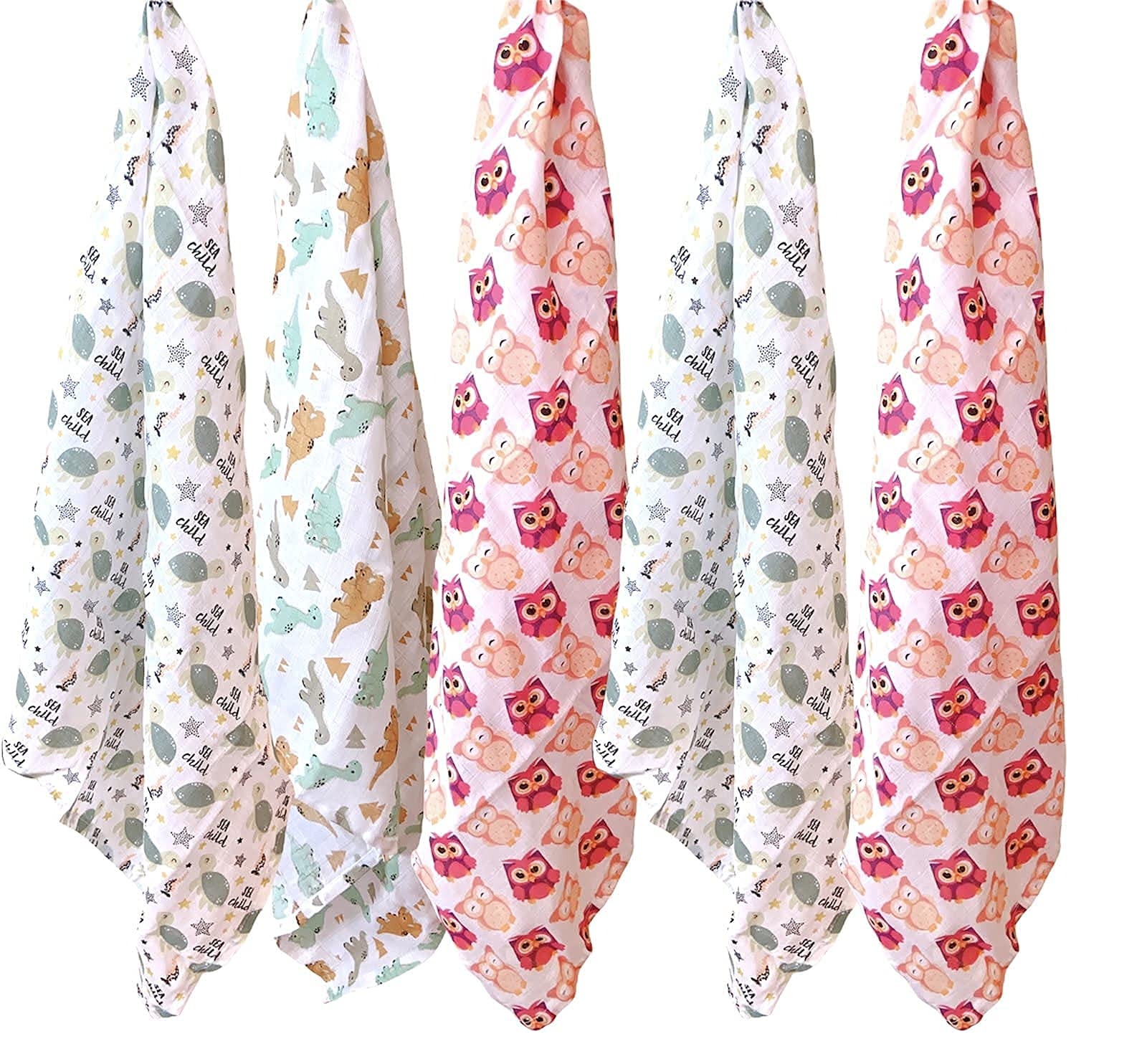 Sasma Home 100% Natural Cotton Baby Muslin Squares - 6 Pack Large Muslin Swaddle Blanket 70x70cm Beautiful Printed Unisex Soft Wash Cloths