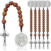 Kigeli 6 Pcs Saint Benedict Medal Prayer Pocket Rosary Catholic Gift for Men Women Bead Wood with Crucifix Christian Religious Gift Solid Wooden Prayer Chaplet with Cross Silver Jesus