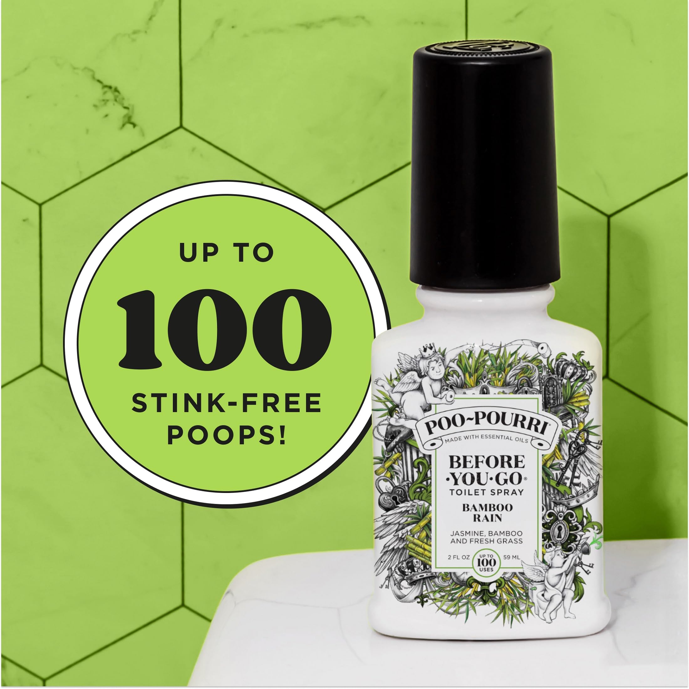 Poo-Pourri Before-You-Go Toilet Spray, Bamboo Rain, 2 Fl Oz, Up to 100 Uses, Bathroom Odor Deodorizer with Essential Oils for Home or Work, Travel Essentials, TSA Approved Size, Bamboo & Fresh Grass