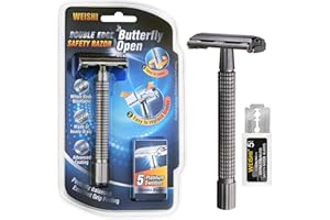 WEISHI Butterfly Open Double Edge Safety Razor for Men, Nostalgic Long Handle with 5 Stainless Razor Blades, Reusable Wet Shave Tool for Smooth, Close Shave